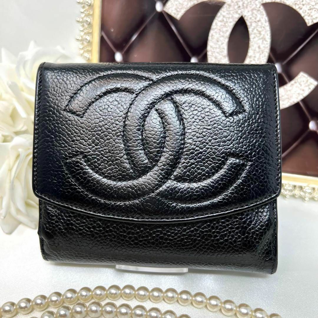 CHANEL シャネル キャビアスキン Wホック 二つ折り財布 コンパクト財布