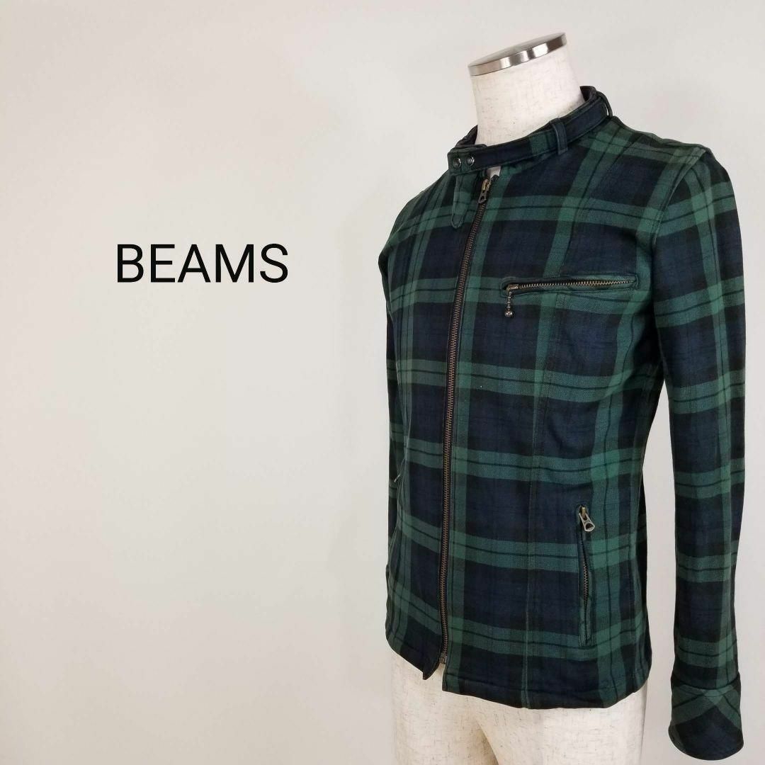 BEAMS(ビームス)のBEAMSメンズSコットンフランネルライダースジャケット緑紺チェック柄 メンズのジャケット/アウター(ライダースジャケット)の商品写真