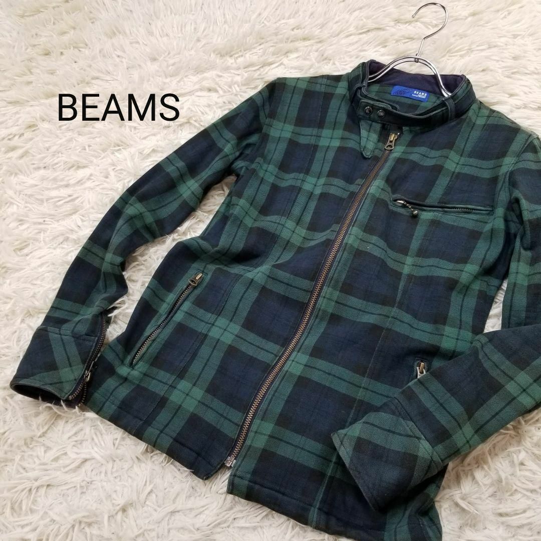 BEAMS(ビームス)のBEAMSメンズSコットンフランネルライダースジャケット緑紺チェック柄 メンズのジャケット/アウター(ライダースジャケット)の商品写真