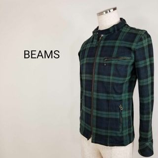 BEAMSメンズSコットンフランネルライダースジャケット緑紺チェック柄