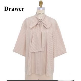 Drawer - ドゥロワー23fw コットンストライプ リボンブラウス ベージュ ...