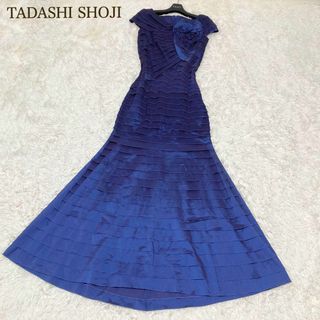 タダシショウジ(TADASHI SHOJI)の美品 タダシショージ ロングドレス フリル コサージュ 紺 ワンピース パーティ(ロングワンピース/マキシワンピース)