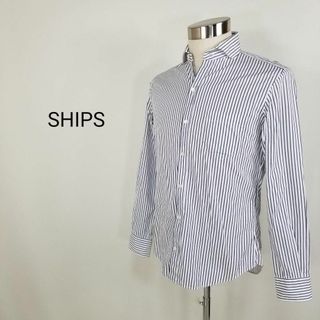 シップス(SHIPS)のSHIPS美シルエット長袖ストライプ柄ワイドカラーシャツ白紺メンズM日本製(Tシャツ/カットソー(半袖/袖なし))