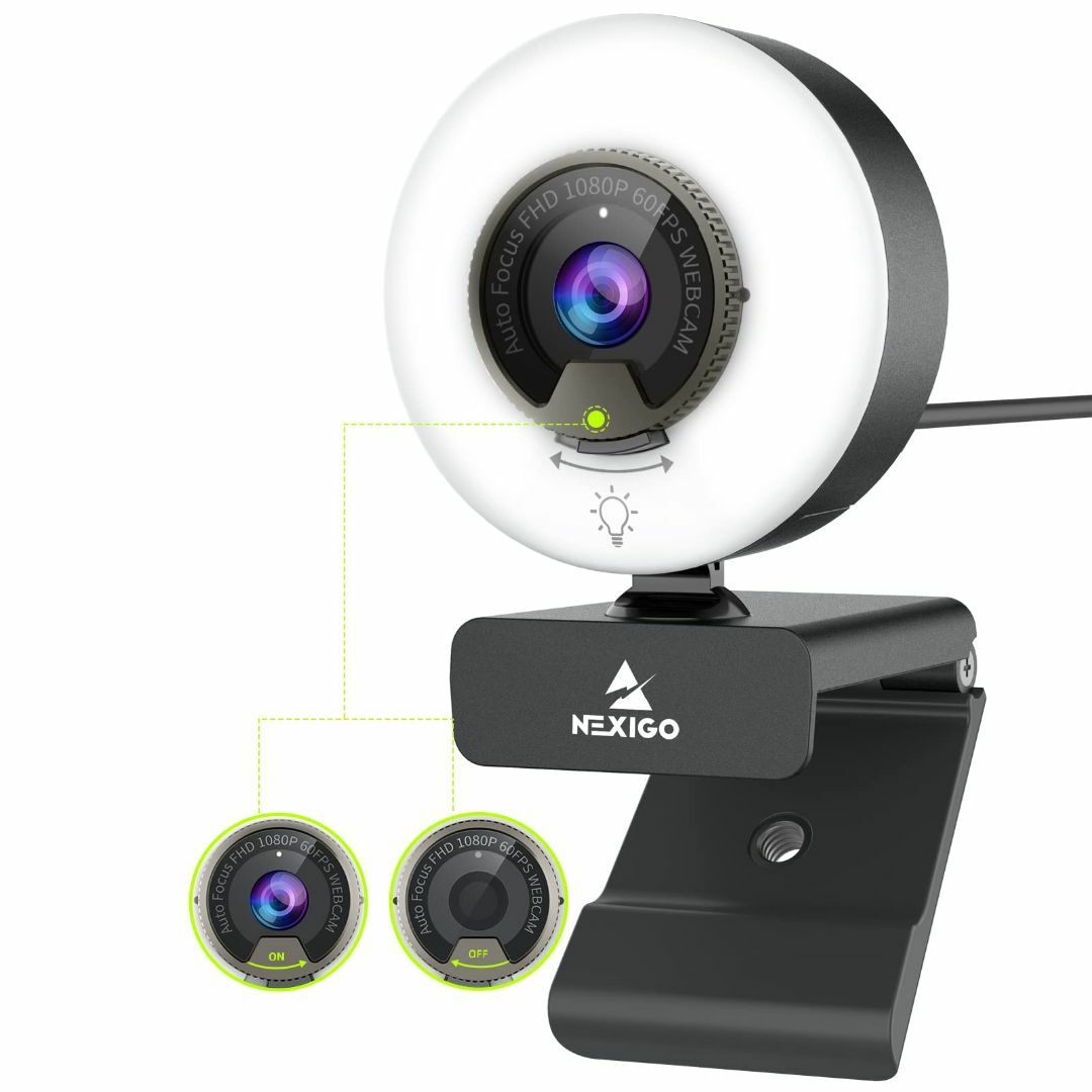 NexiGo webカメラ 60fps ライト付き N960E ウェブカメラ 1