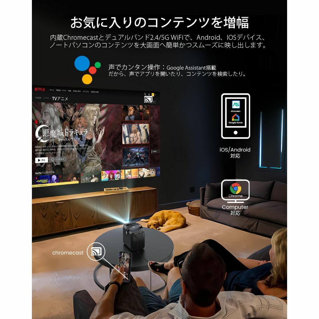 プロジェクター小型 ETOE Android TV 搭載 1080p対応台形補正