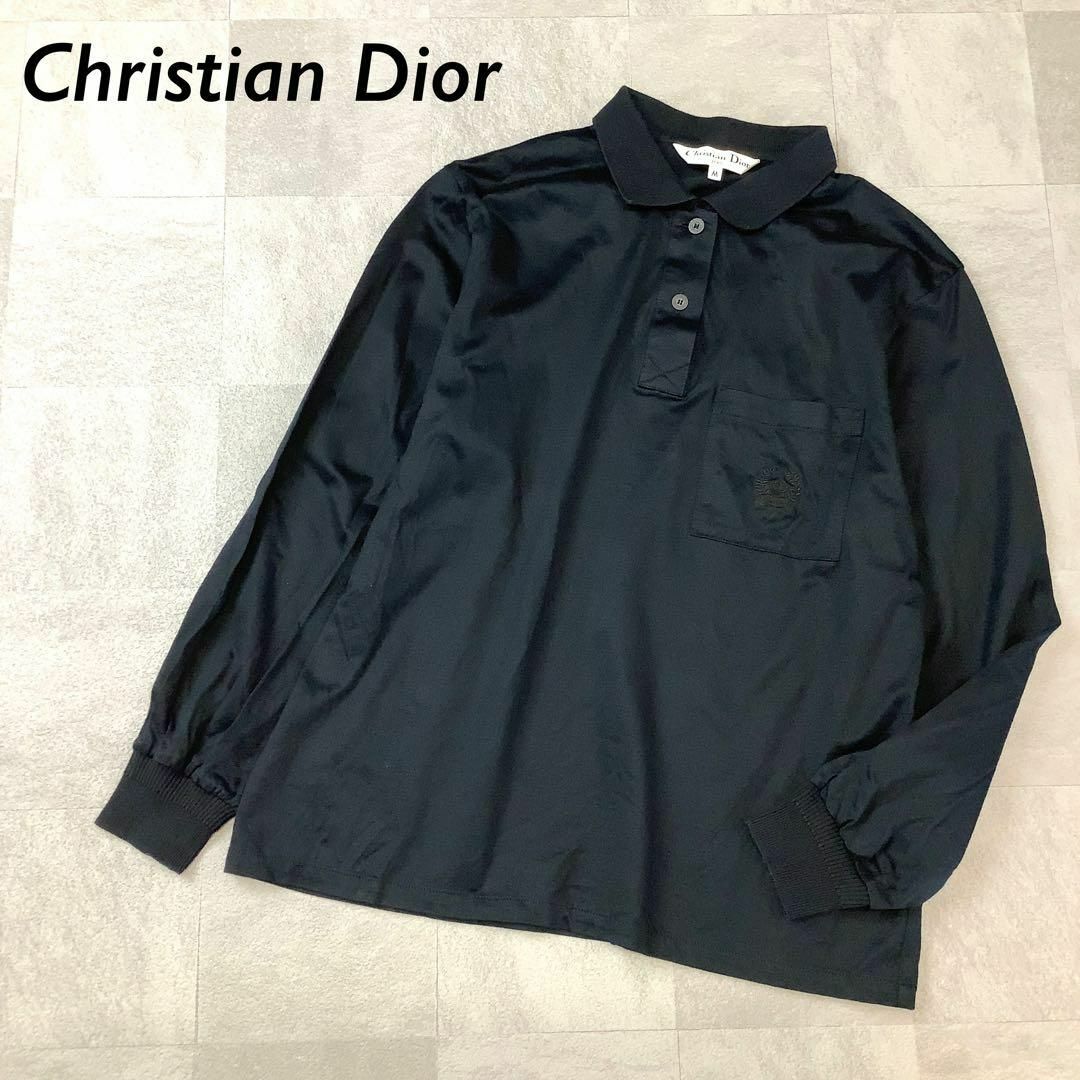Christian Dior(クリスチャンディオール)のOLD Christian Dior 胸 ポケット 刺繍 ポロシャツ ブラック レディースのトップス(ポロシャツ)の商品写真