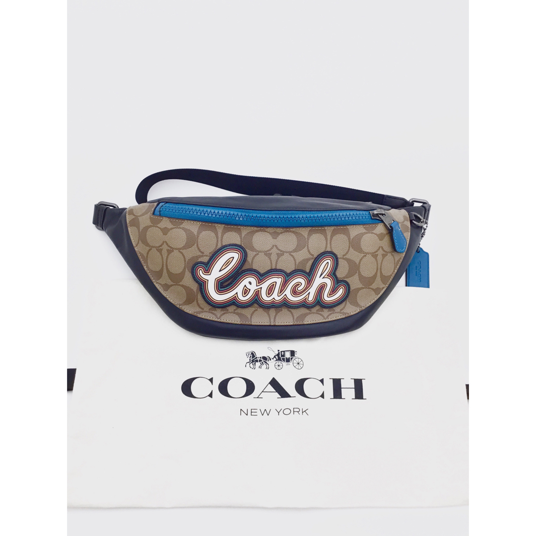 COACH(コーチ)の美品　コーチ　ボディバッグ　シグネチャー　ウエストポーチ　青　茶　白　 メンズのバッグ(ウエストポーチ)の商品写真