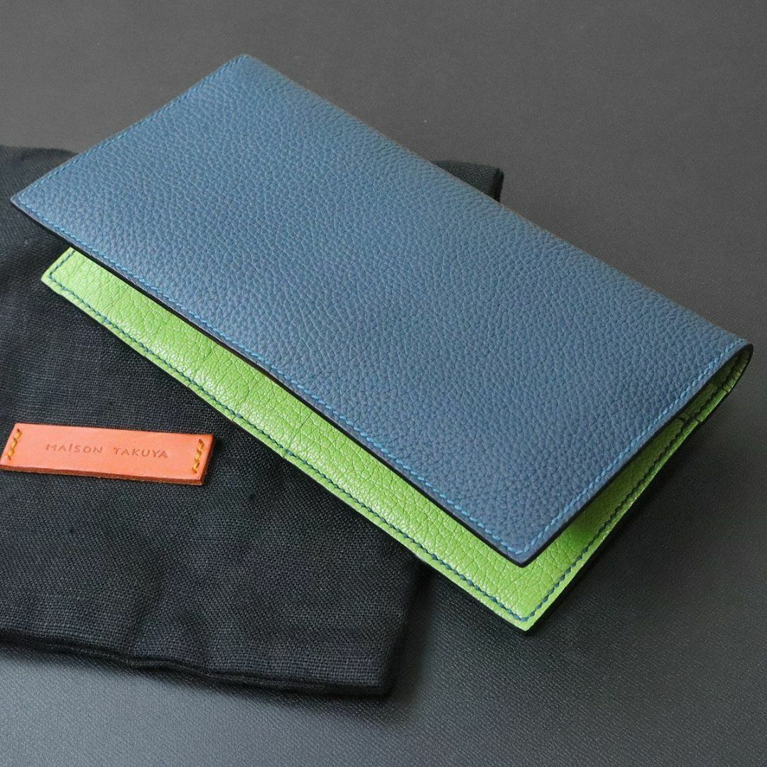 メゾンタクヤ シュランクカーフ 二つ折り 長財布 ブルー × グリーン