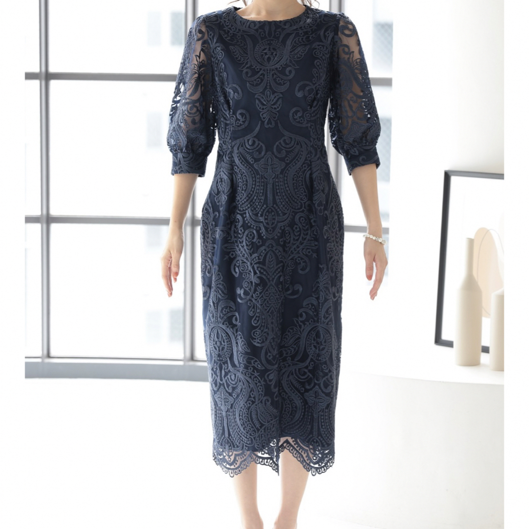 PREFERIR - 刺繍レース バックリボン 結婚式 パーティー タイトドレス