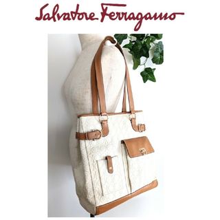 サルヴァトーレフェラガモ(Salvatore Ferragamo)の良品 フェラガモ レザー トート ショルダーバッグ 鞄 キャメル ベージュ 白(トートバッグ)