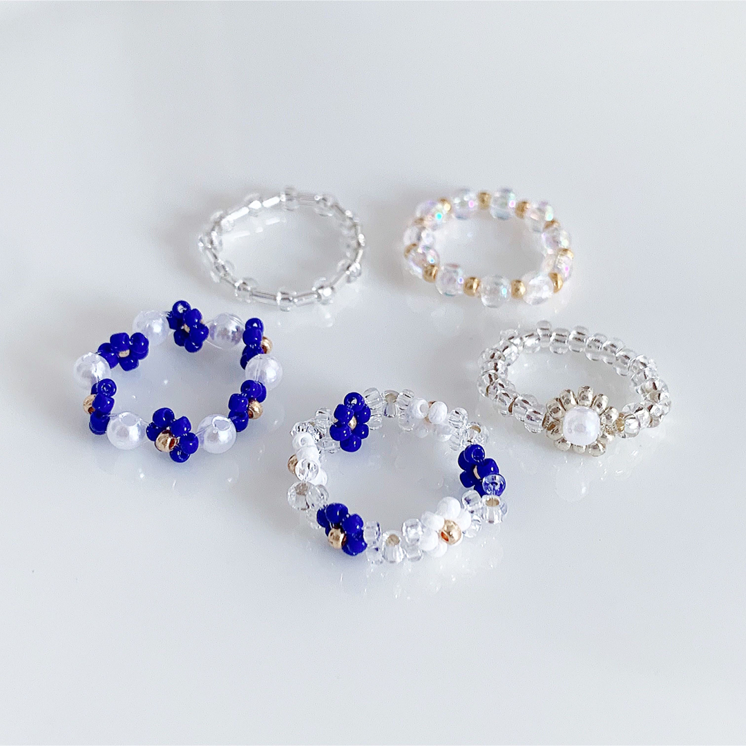 韓国ビーズ♡リング5点Set＼White× Cobalt blue／ ハンドメイドのアクセサリー(リング)の商品写真