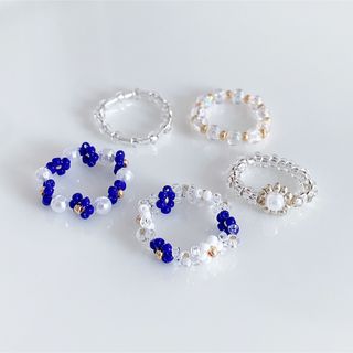 韓国ビーズ♡リング5点Set＼White× Cobalt blue／(リング)