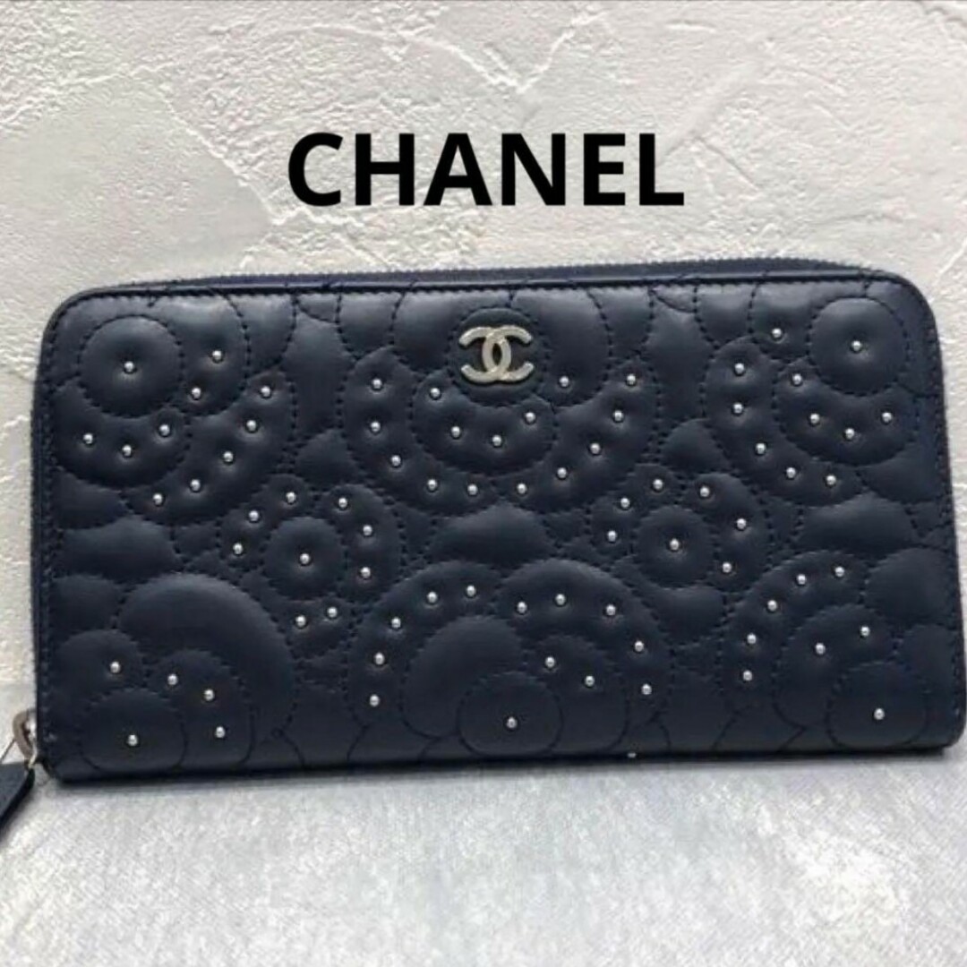 CHANEL♡カメリアファスナー長財布 スタッズ A82281 ネイビー | www