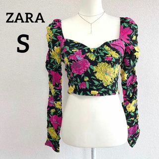 ザラ(ZARA)の★新品★ZARA ザラ ボタニカル花柄カットソー 袖シャーリング クロップド S(シャツ/ブラウス(長袖/七分))