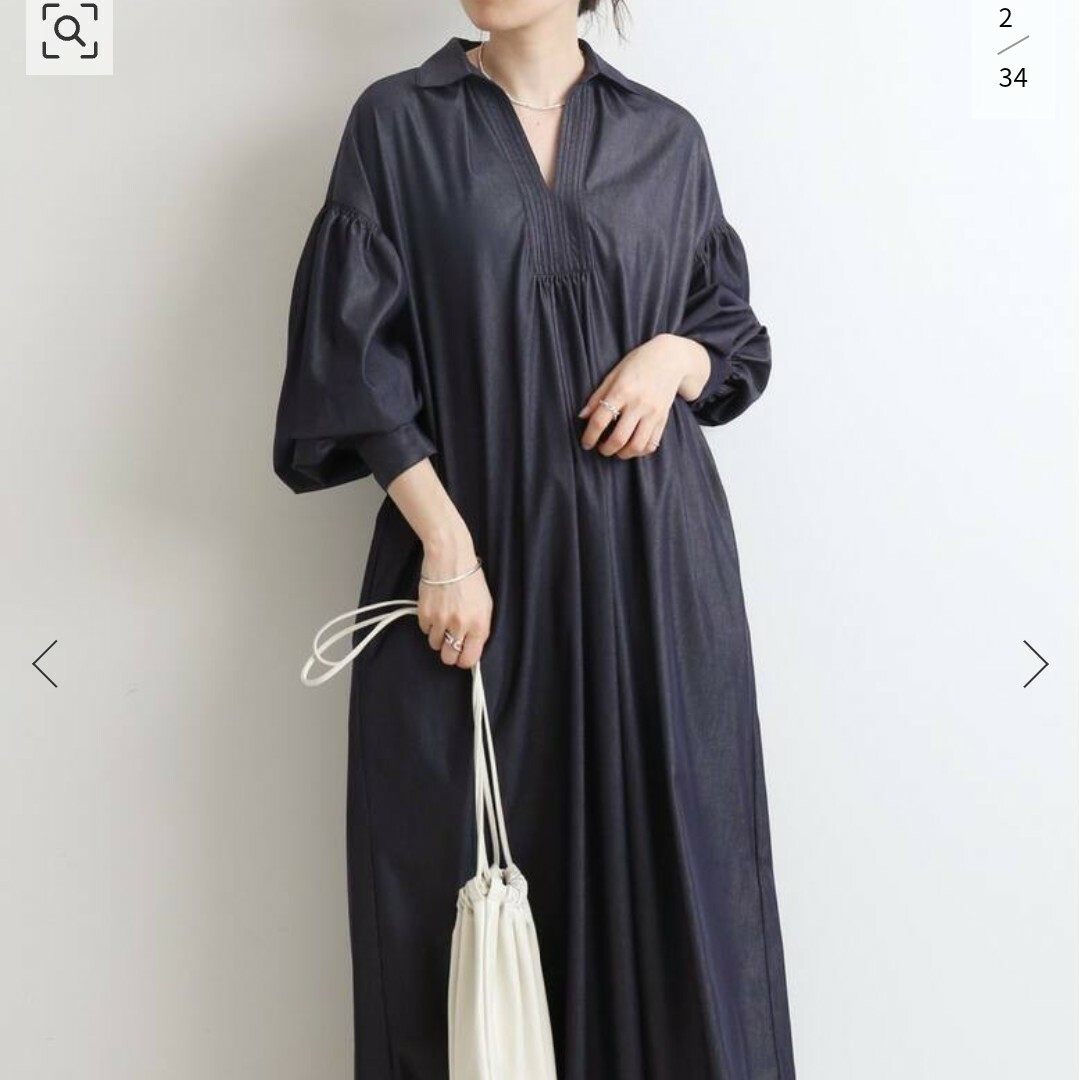 美品 イエナ スキッパーボリュームワンピース ネイビー 38 シャンブレー