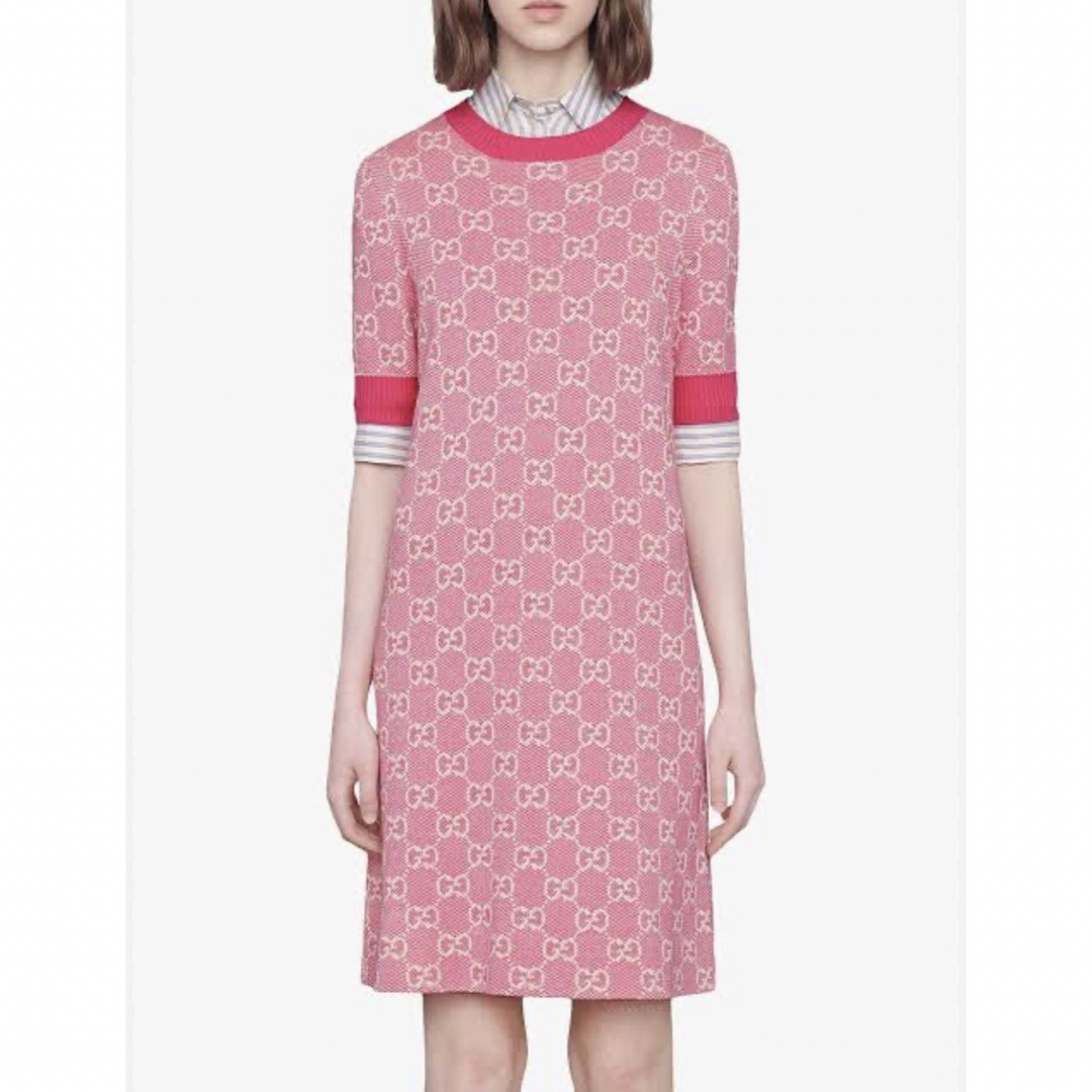 GUCCI(グッチ)GG ジャカード 半袖 ピンク ニットワンピース-