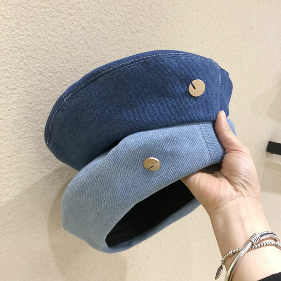 【色: ブルー】Weuiean デニム ベレー帽 レディース ボタン飾り 帽子  レディースのファッション小物(その他)の商品写真