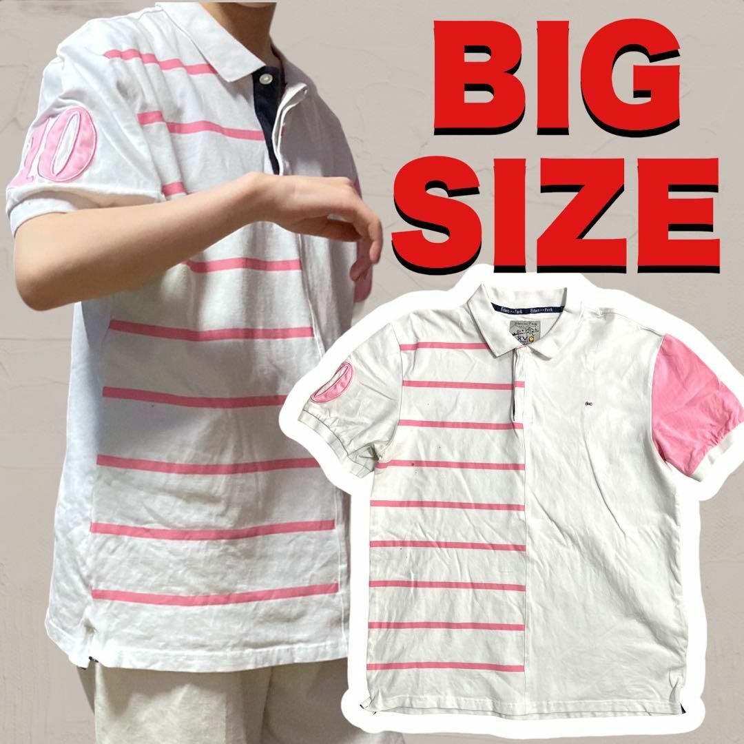 WDU  ポロシャツ 白 ゆるだぼ　ビッグサイズ　ピンク　ワンポイント　ボーダー レディースのトップス(ポロシャツ)の商品写真