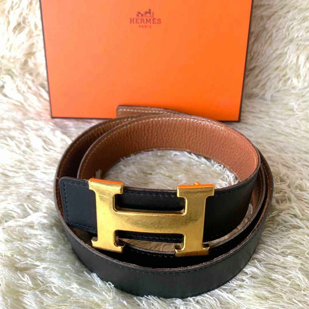 エルメス HERMES リバーシブル コンスタス ベルト 黒×茶×ゴールド