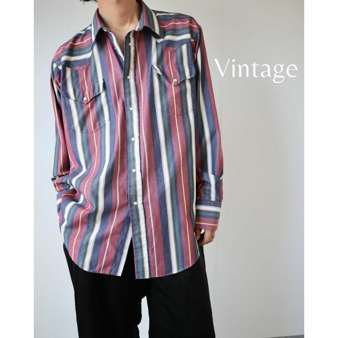 【vintage】ミックスカラー マルチ ストライプ ルーズ ウエスタンシャツ