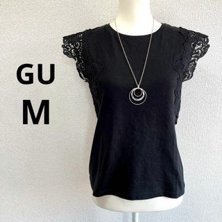 ジーユー(GU)の☆美品☆GU ジーユー スカラップレースフレンチスリーブカットソー 黒 M(シャツ/ブラウス(半袖/袖なし))