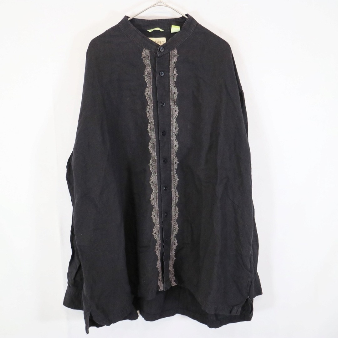 SALE/ Cubavera バンドカラー長袖シャツ 刺繍 ボックスシルエット ブラック (メンズ 3XL)   N8465