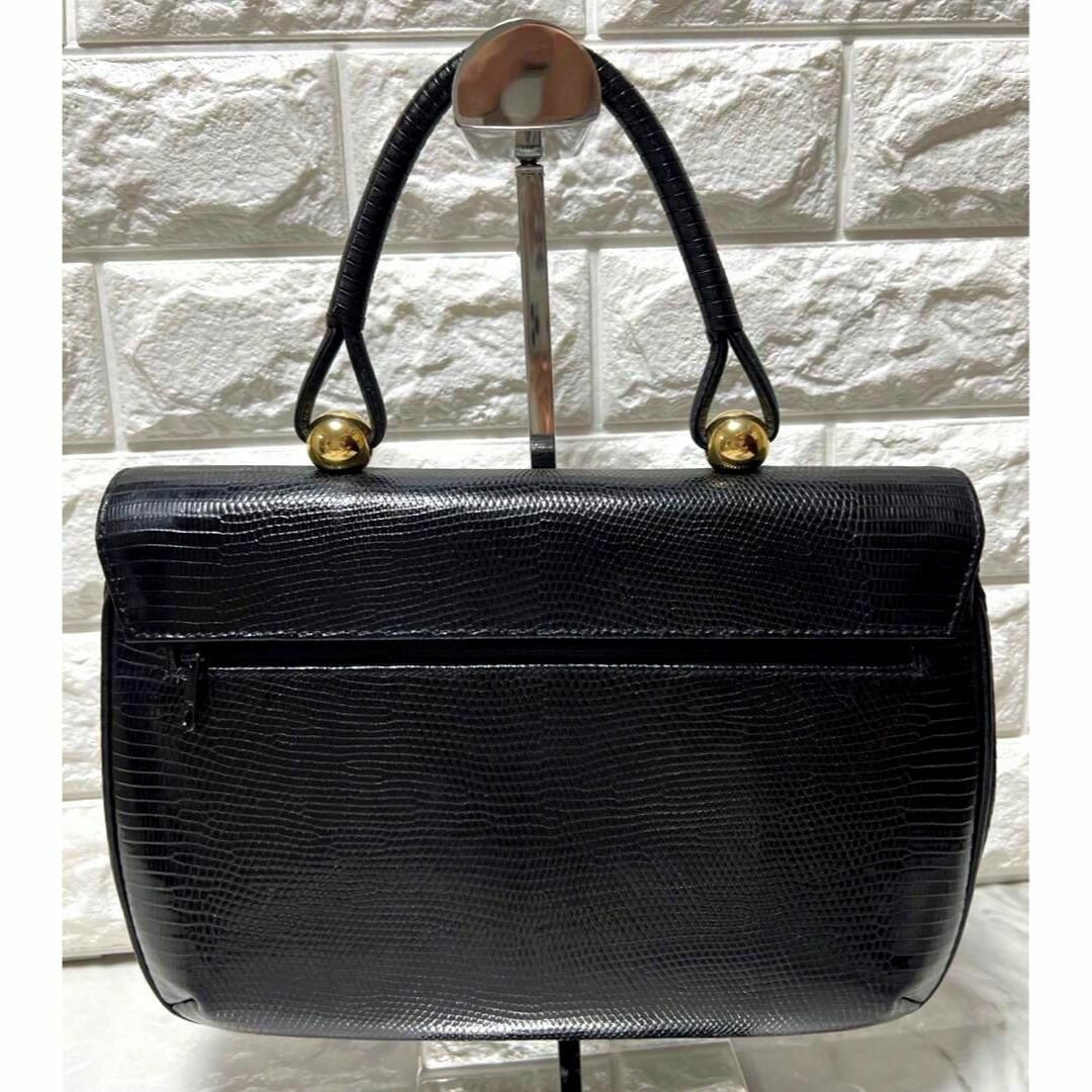 美品 ハマノ ロイヤルモデル リザード革 ハンドバッグ ゴールド金具 ブラック