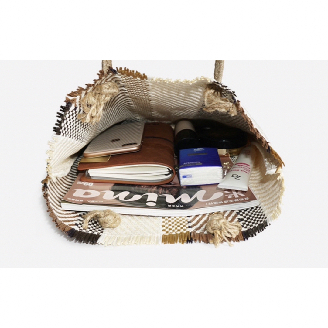 【現品限り】 麻縄 ストライプ トート バック ピクニック 韓国 カゴバッグ レディースのバッグ(かごバッグ/ストローバッグ)の商品写真