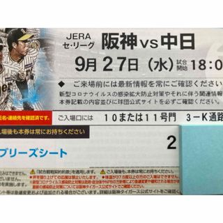 ハンシンタイガース(阪神タイガース)の今期甲子園最終戦かも？9/27(水)阪神中日ブリーズシート通路横ペア(野球)