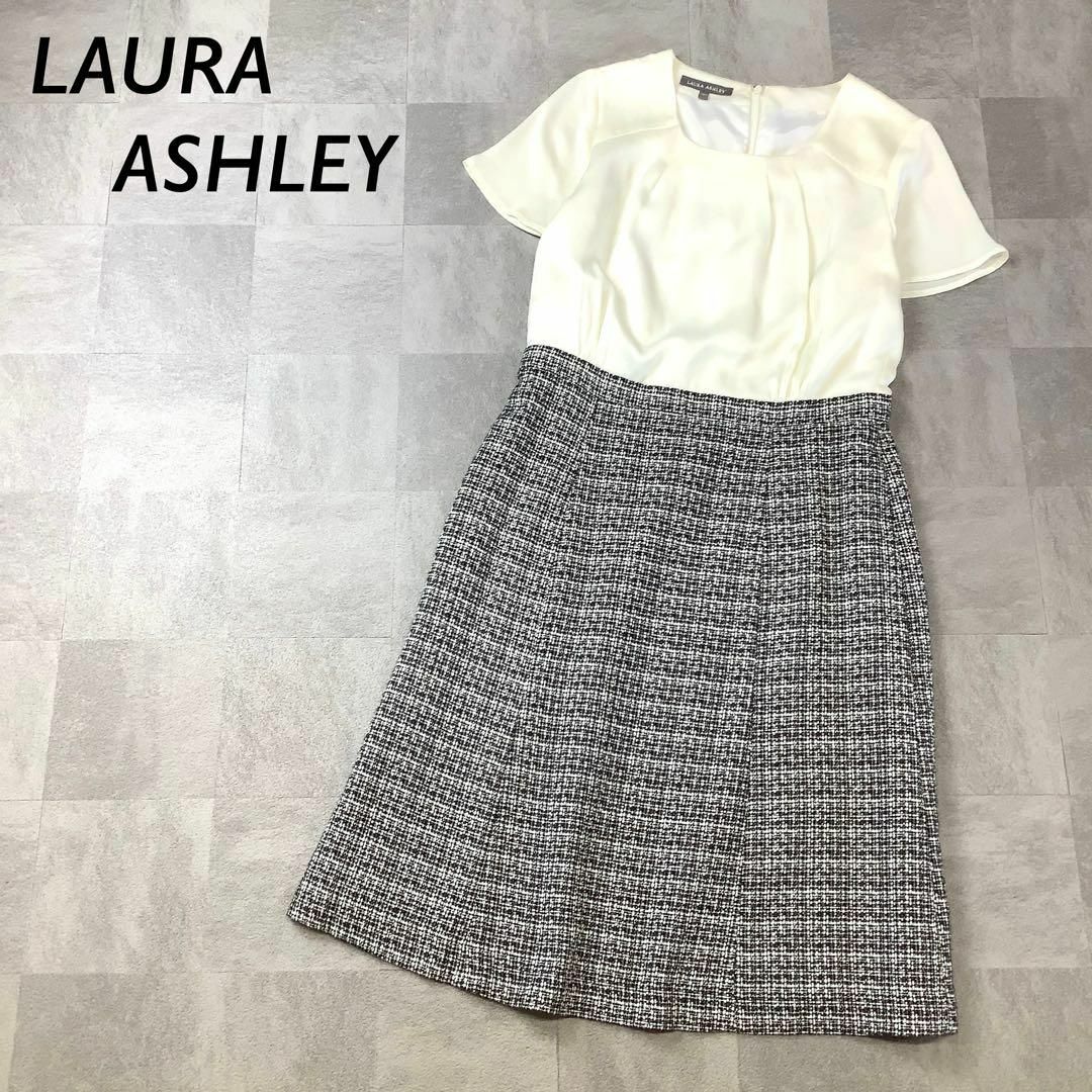 LAURA ASHLEY(ローラアシュレイ)のLAURA ASHLEY 異素材 ドッキング ワンピース 半袖 ホワイト レディースのワンピース(ひざ丈ワンピース)の商品写真