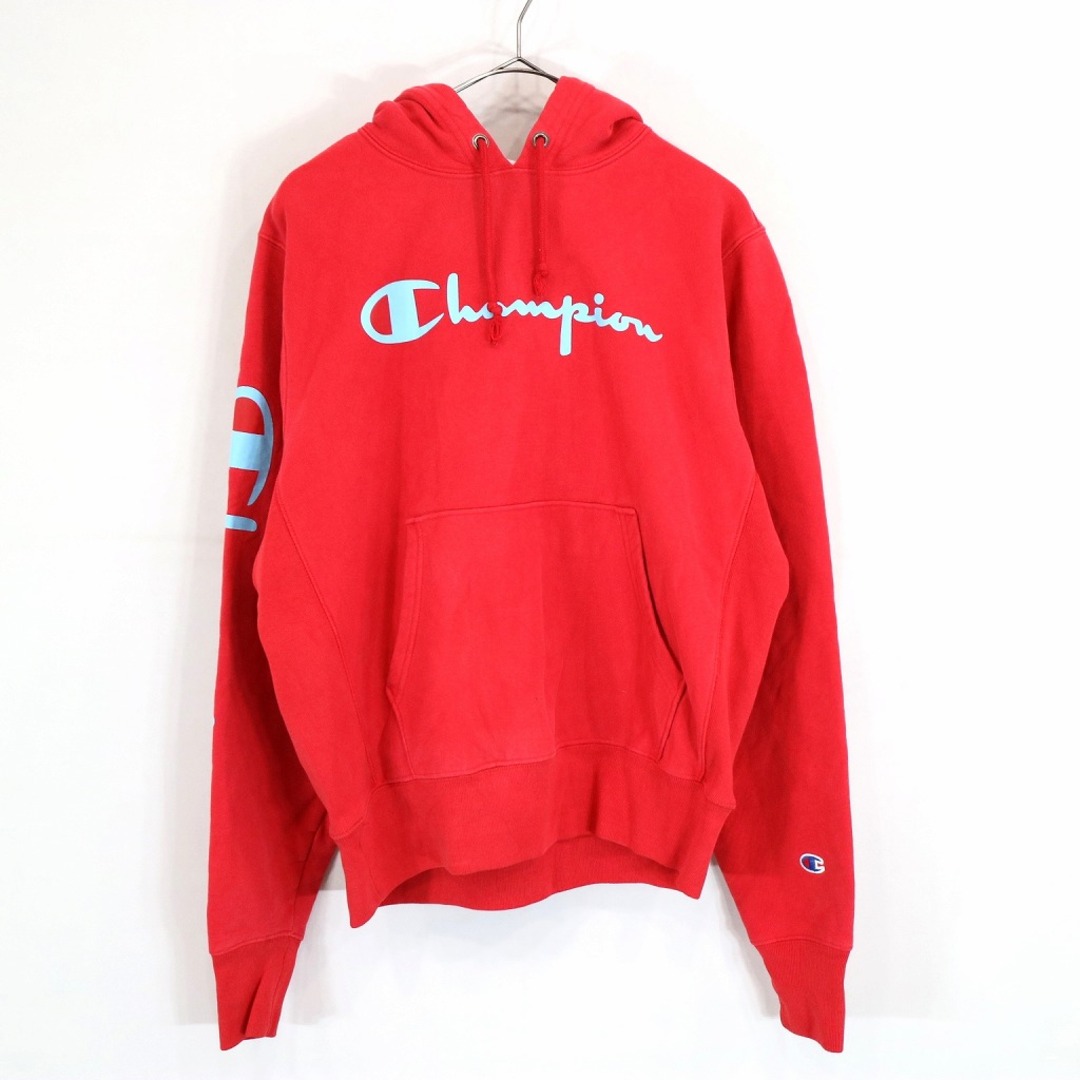 SALE/ Champion チャンピオン リバースウィーブ ロゴプリント プルオーバーパーカー アメカジ レッド (メンズ M)   N9256