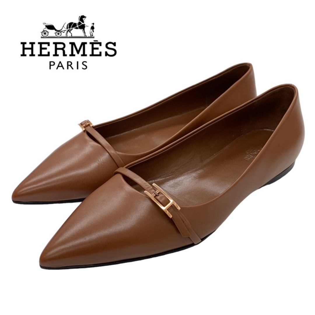 エルメス HERMES パンプス フラットパンプス フラットシューズ H金具 レザー ブラウンTieel_エルメス_靴