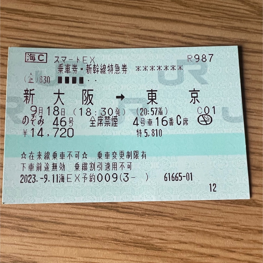 新幹線チケット　新大阪-東京　指定席　9月18日18:30発鉄道乗車券