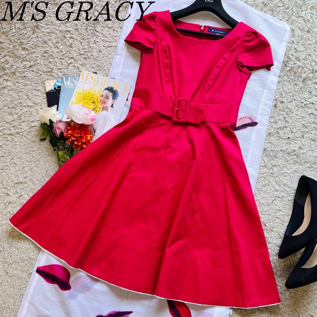 美品】M´S GRACY ベルトワンピース ピンク 半袖 フレア 38-