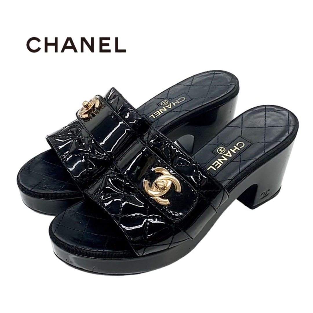 シャネル CHANEL サンダル 靴 シューズ パテント ブラック 黒 ゴールド