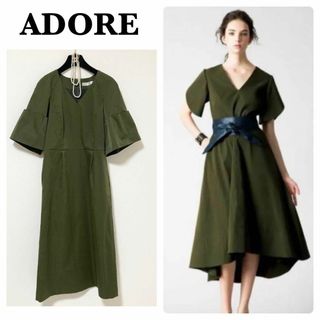 アドーア(ADORE)のリボンベルト付♡ アドーア テクノベンタイルハイウエストワンピース カーキ 36(ロングワンピース/マキシワンピース)