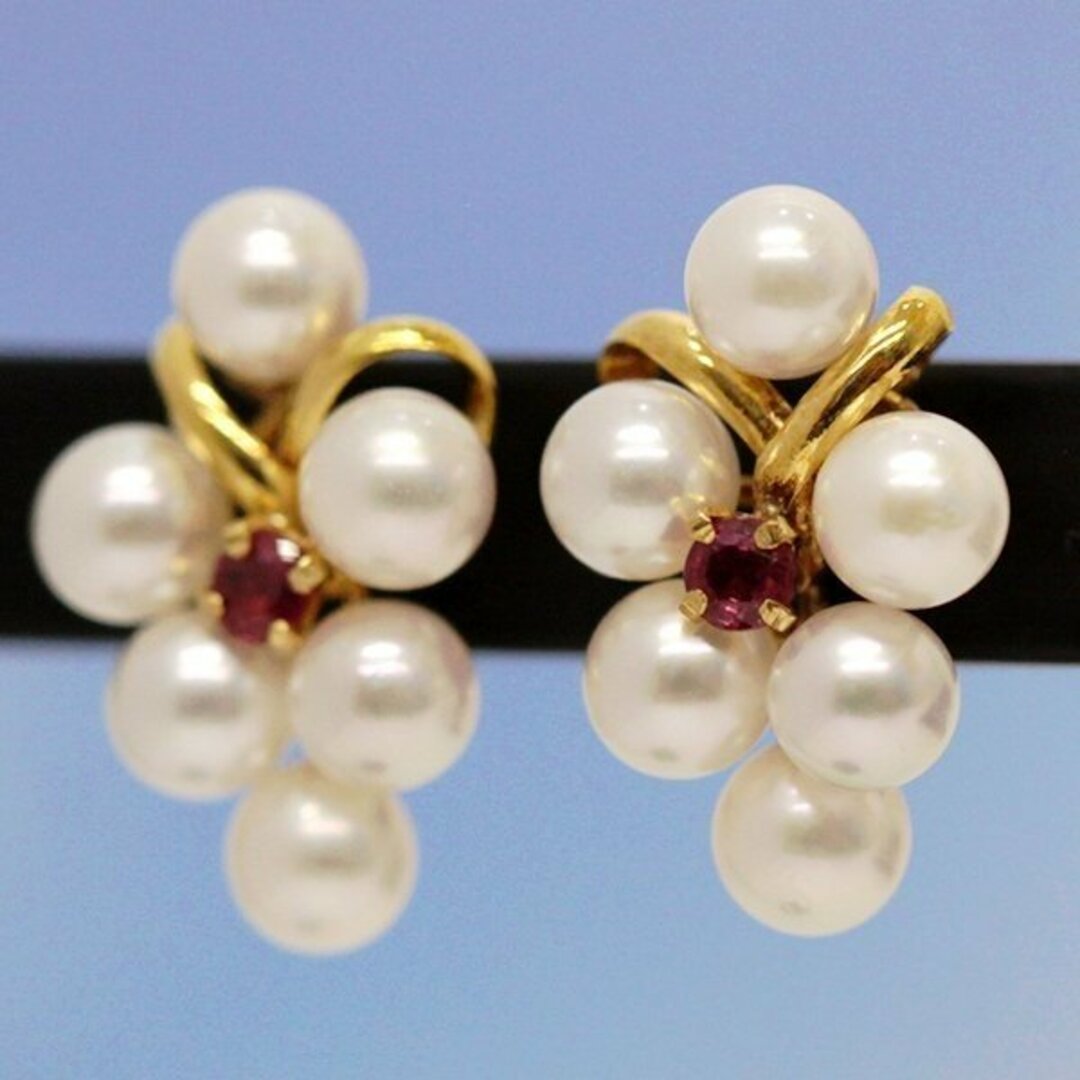 K18 ピアス 真珠/3.8mm 葡萄モチーフピアス ルビー パール イエロー