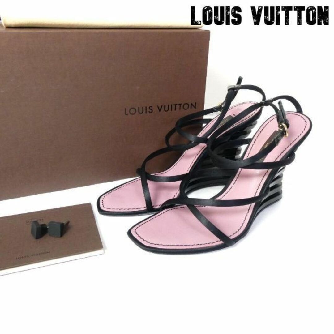 美品 LOUIS VUITTON サテン レザー ウェッジソール サンダル-