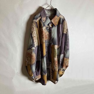 総柄シャツ レトロボタン スカーフ柄 長袖 紫 黄 ポリシャツ 古着の
