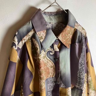 総柄シャツ レトロボタン スカーフ柄 長袖 紫 黄 ポリシャツ 古着の