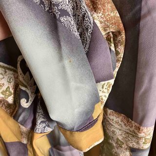 総柄シャツ レトロボタン スカーフ柄 長袖 紫 黄 ポリシャツ 古着の