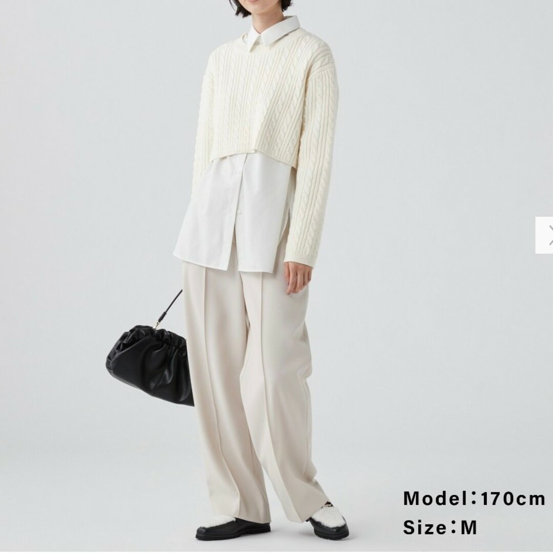 【新品未使用タグ付】長袖 ケーブルニットレイヤードシャツ(白)