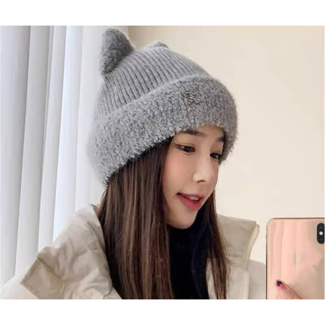 ネコ耳 ニット帽 グレー 猫耳 シンプル 帽子 キャップ 防寒 ネコ耳 ニット帽 グレー 猫耳 シンプル 帽子 キャップ 防寒