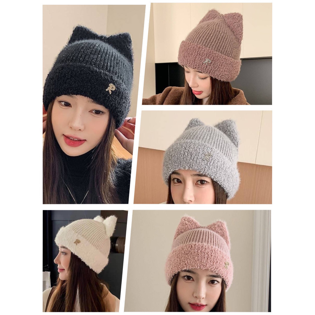 ネコ耳 ニット帽 グレー 猫耳 シンプル 帽子 キャップ 防寒 ネコ耳 ニット帽 グレー 猫耳 シンプル 帽子 キャップ 防寒