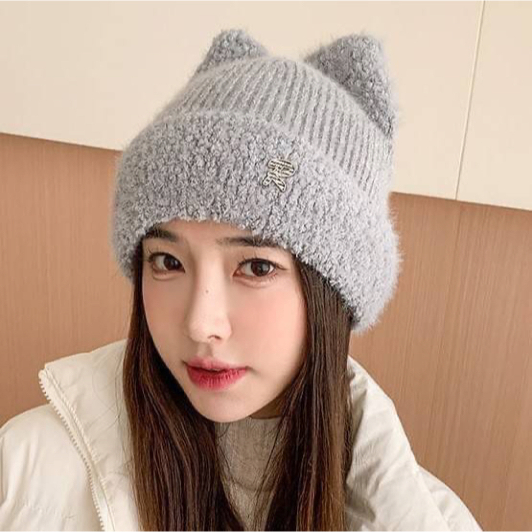 ネコ耳 ニット帽 グレー 猫耳 シンプル 帽子 キャップ 防寒 ネコ耳 ニット帽 グレー 猫耳 シンプル 帽子 キャップ 防寒