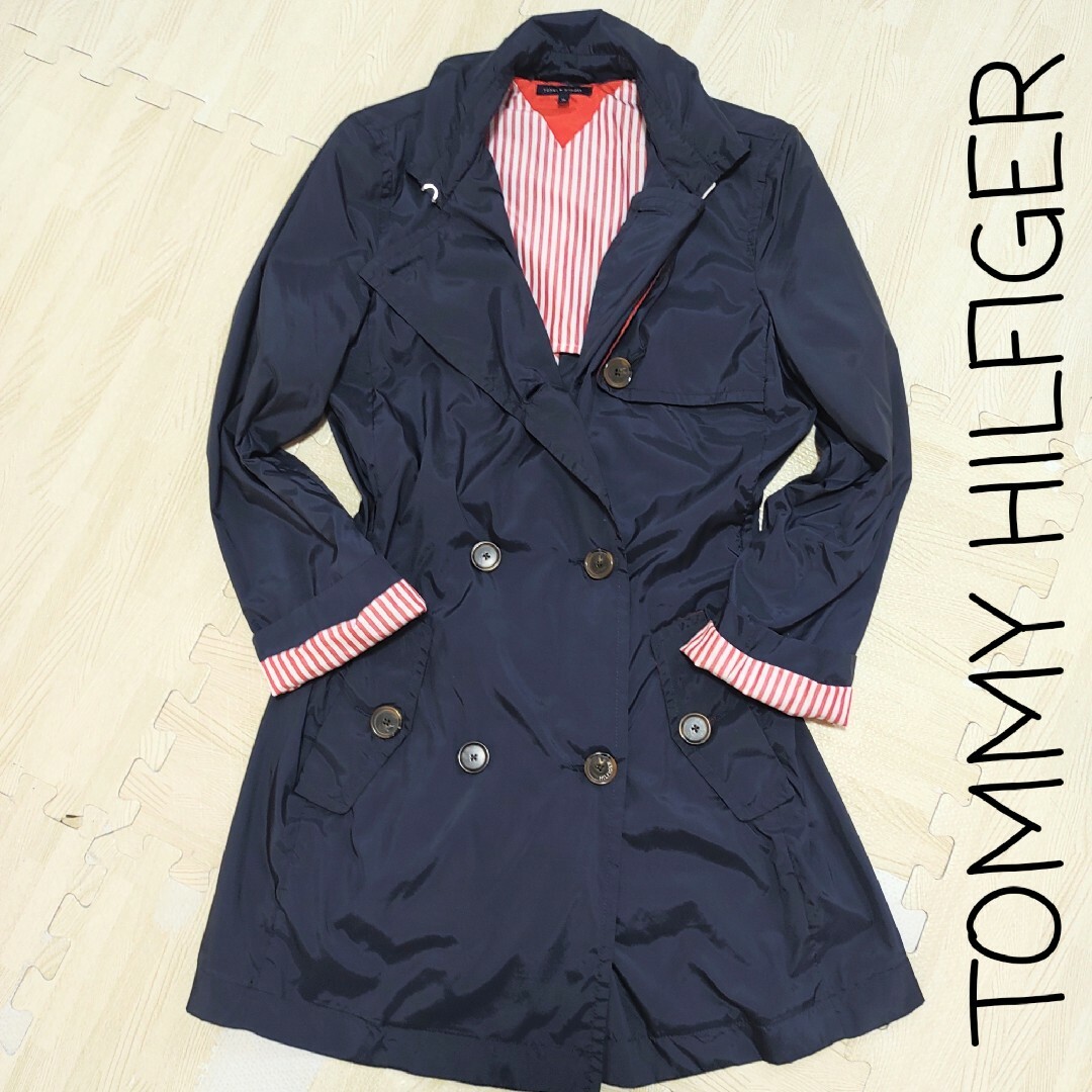 TOMMY HILFIGER(トミーヒルフィガー)の【トミーヒルフィガー】トレンチコート　レインコート　Mサイズ　ネイビー　軽い レディースのジャケット/アウター(トレンチコート)の商品写真