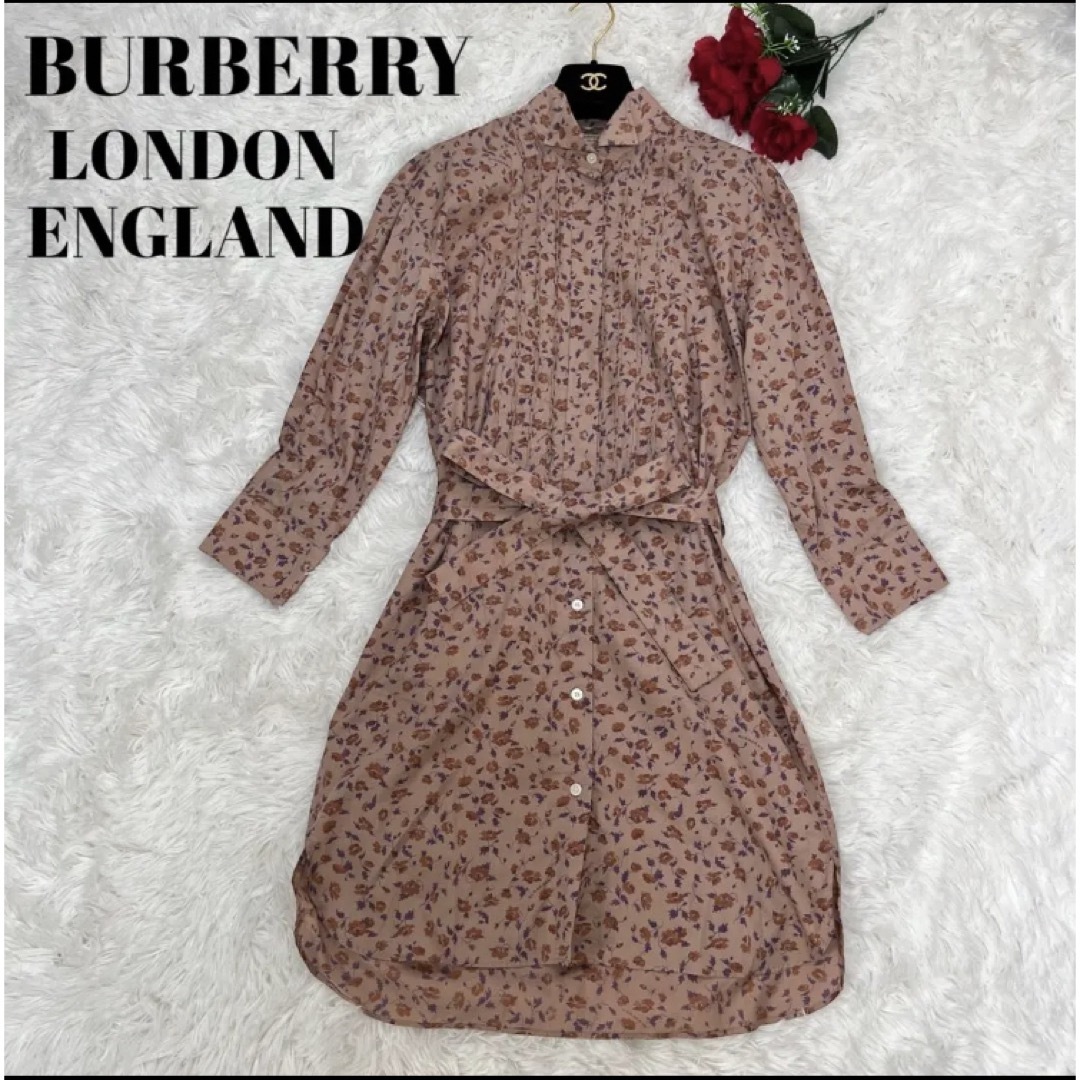 BURBERRY - 【美品】バーバリーシャツワンピース 花柄 ロゴ入り ピンク