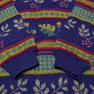 良デザイン PURE NEW WOOL 総柄ニットセーター 古着 植物 葉っぱの通販