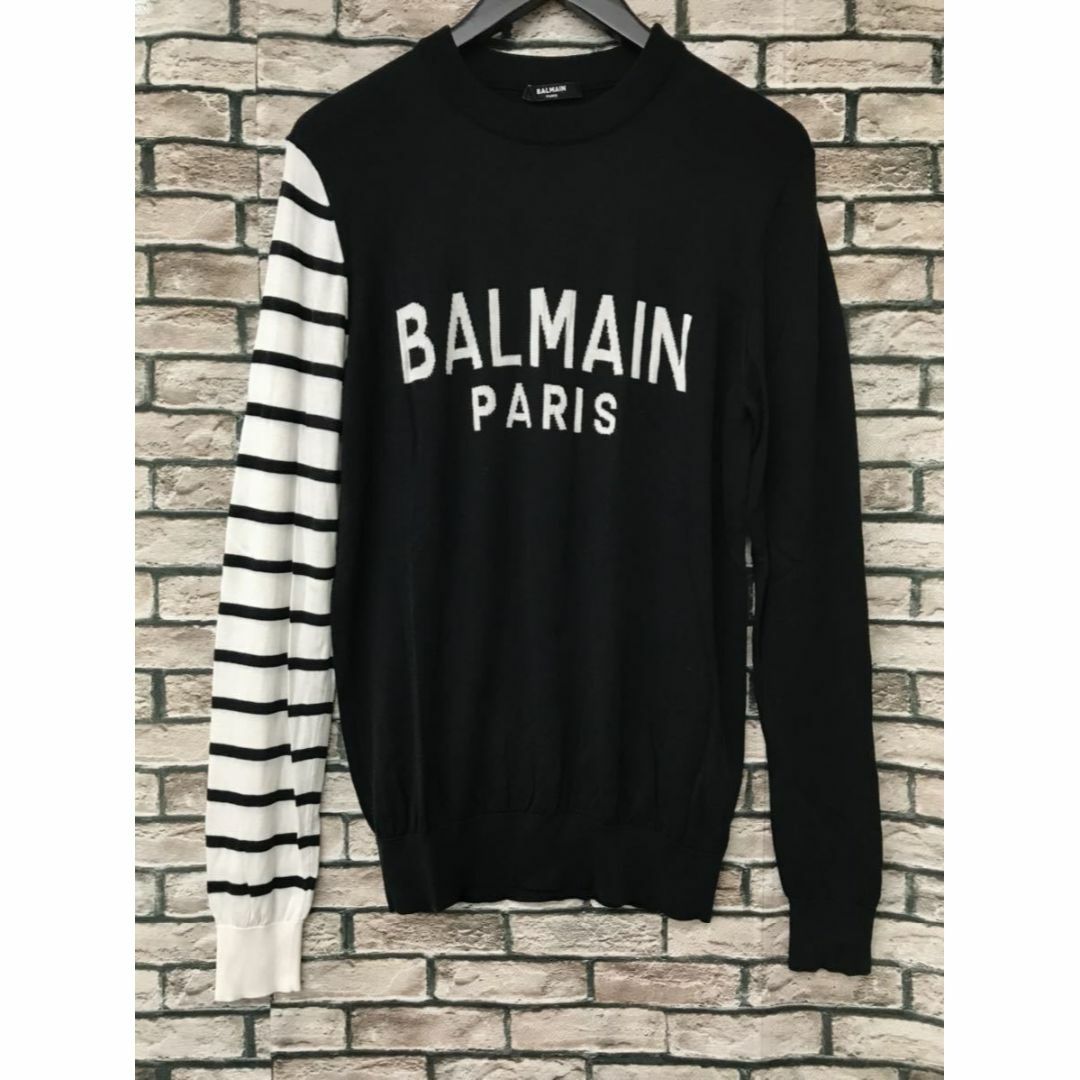 BALMAIN バルマン☆アームボーダーカラー切替ロゴコットンニットセーター