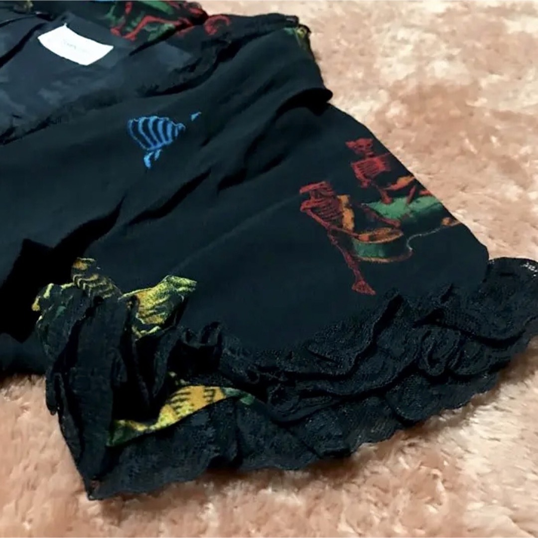 ヒステリックグラマー【美品】スカル 総柄 シフォン 膝丈 フリル ワンピース